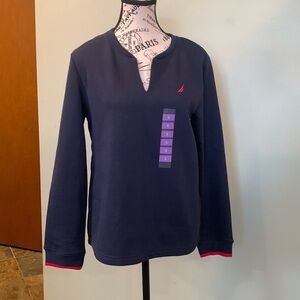 NWT Nautica Pullover V-Neck Sweatshirt Sweater Navy Blue Red Trim Women’s Small